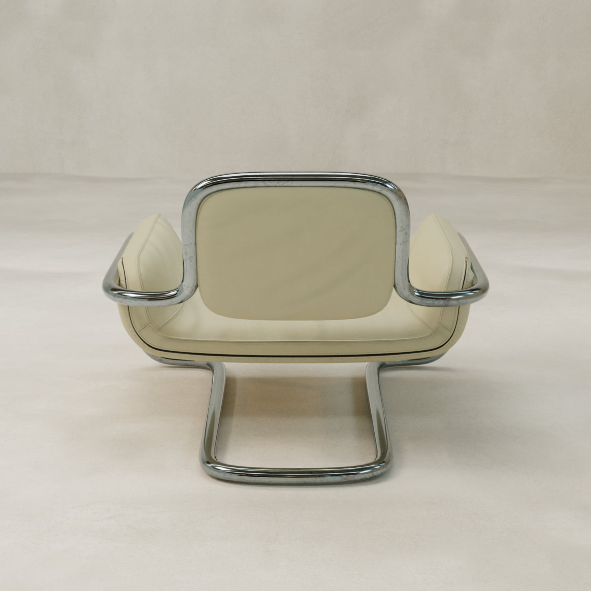 The Citron Chair is a modern, cream-colored seat with ergonomic design, chrome tubular frame, and padded backrest, seat, and armrests. Displayed against a neutral textured background.