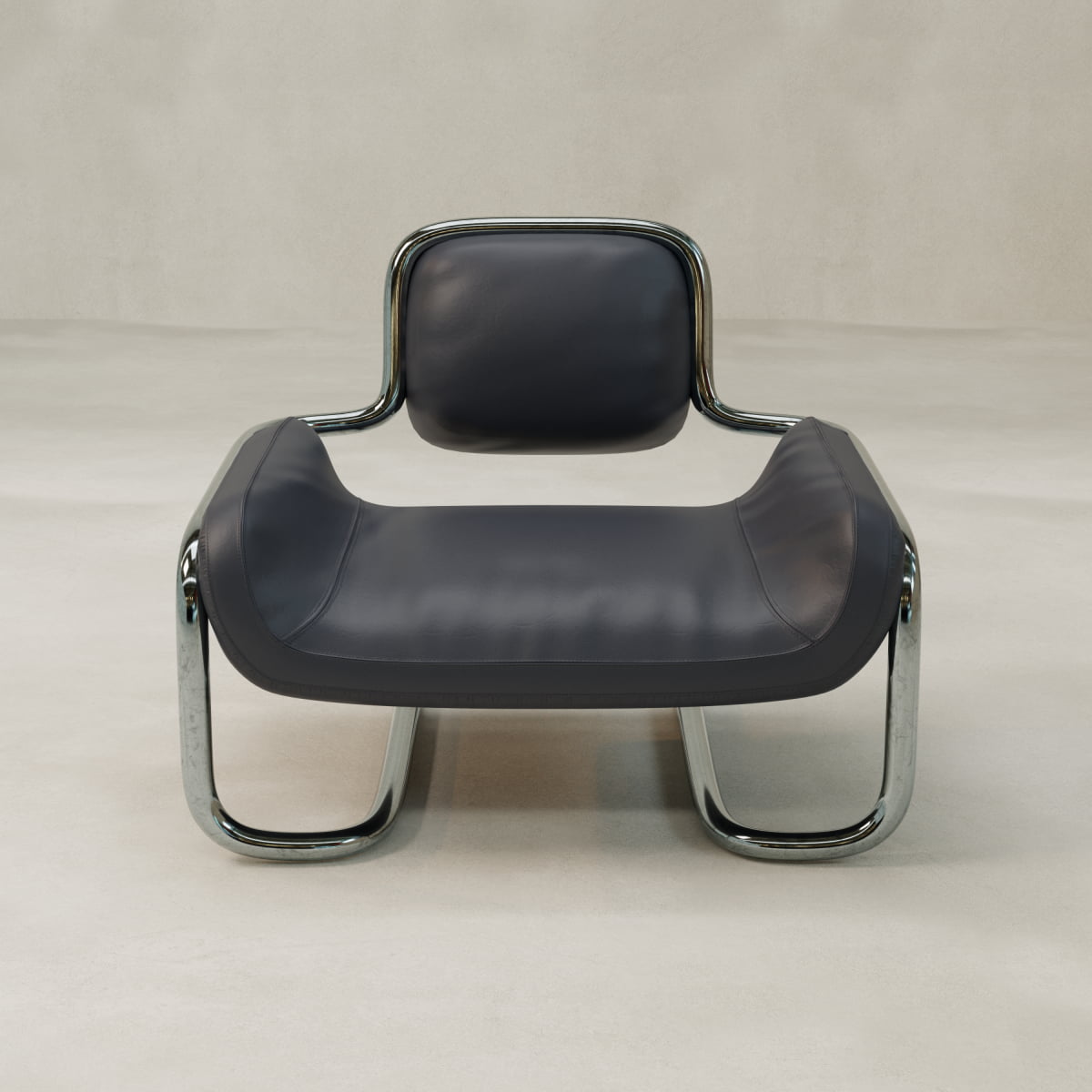 The Citron Chair features a black leather seat and backrest with sleek, curved chrome armrests and legs, set against a plain background on a light floor for modern style.