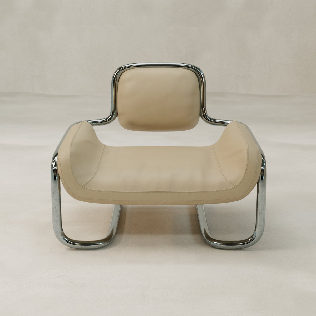 The Citron Chair blends modern design with a beige leather seat and backrest, plus curving chrome legs and frame, all ergonomically crafted for comfort.