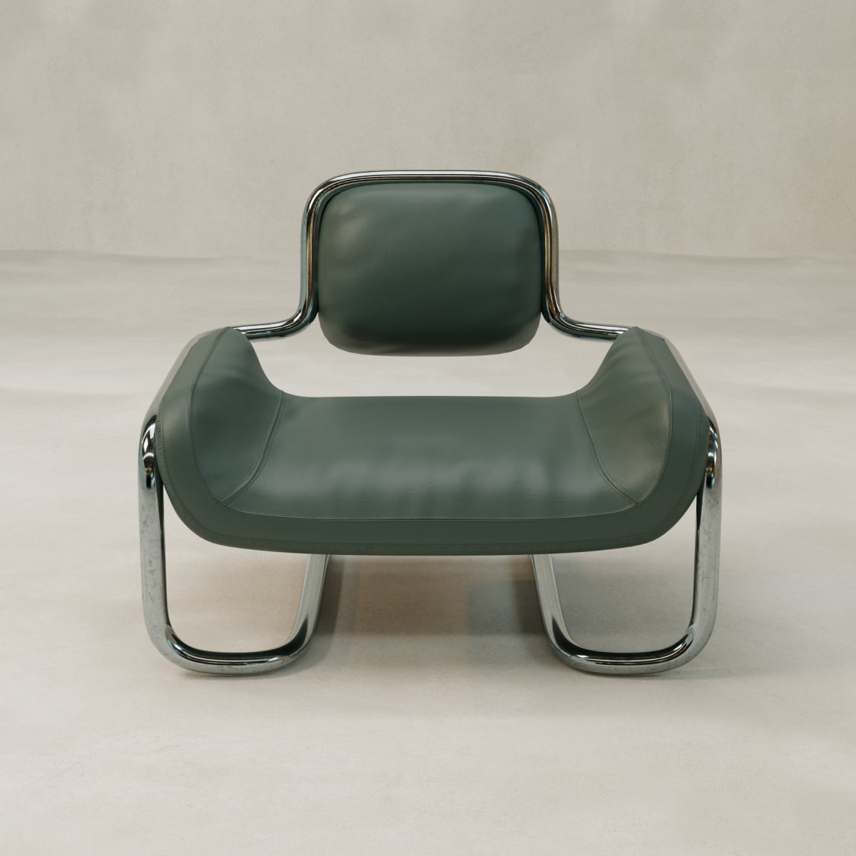 The Citron Chair is a modern lounge chair featuring a dark green leather seat and backrest, ergonomic design, and a sleek curved chrome frame set against a minimalistic background.