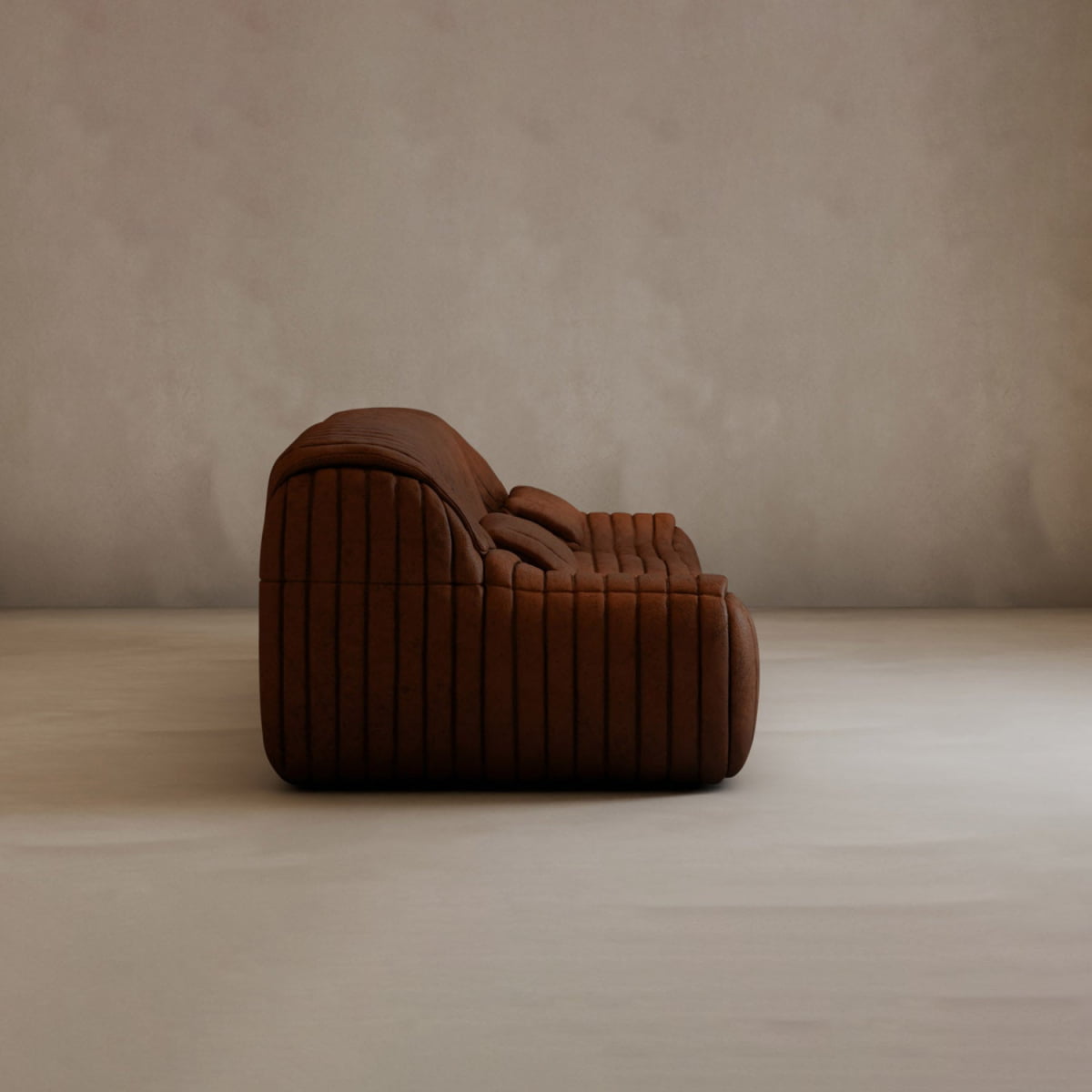 A brown, plush Calypso Armchair with deep horizontal and vertical tufted stripes sits on a smooth, light floor against a plain beige wall, viewed from the side, showcasing modern elegance.