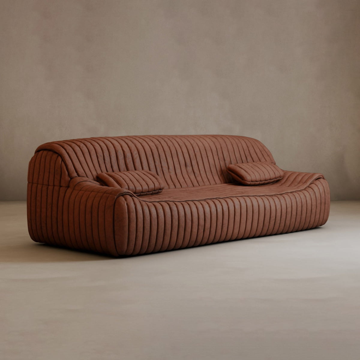 The Calypso Armchair features modern elegance with brown upholstery, a rounded low-profile silhouette, and tufted stripe design. Two matching rectangular cushions complete the look, set against a plain beige background.