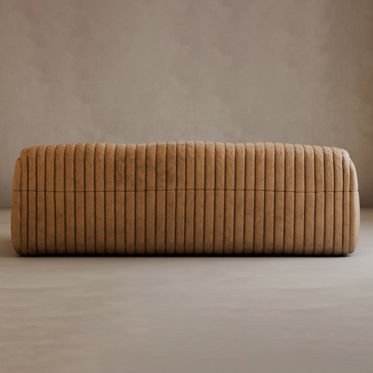 The Calypso Armchair, modern and tan with a tufted stripe design and vertical, evenly spaced ridges, sits against a plain light beige wall on a smooth floor.