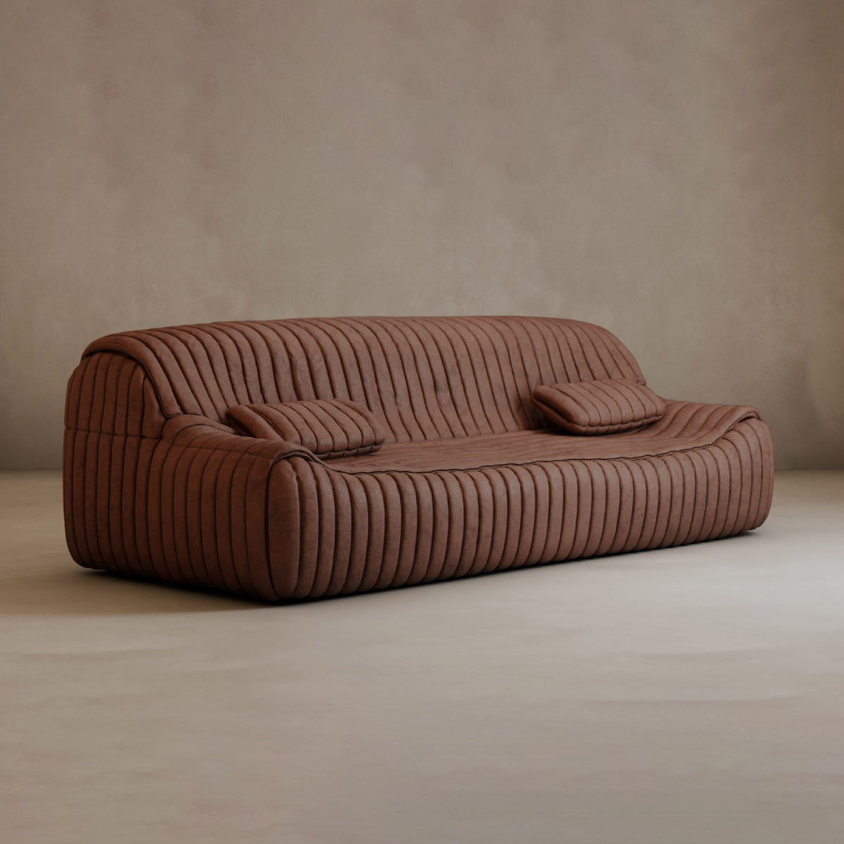 The Calypso Armchair features modern elegance with its brown hue, vertical tufted stripe design, low-back silhouette, and two matching rectangular cushions, all set against a plain beige background.