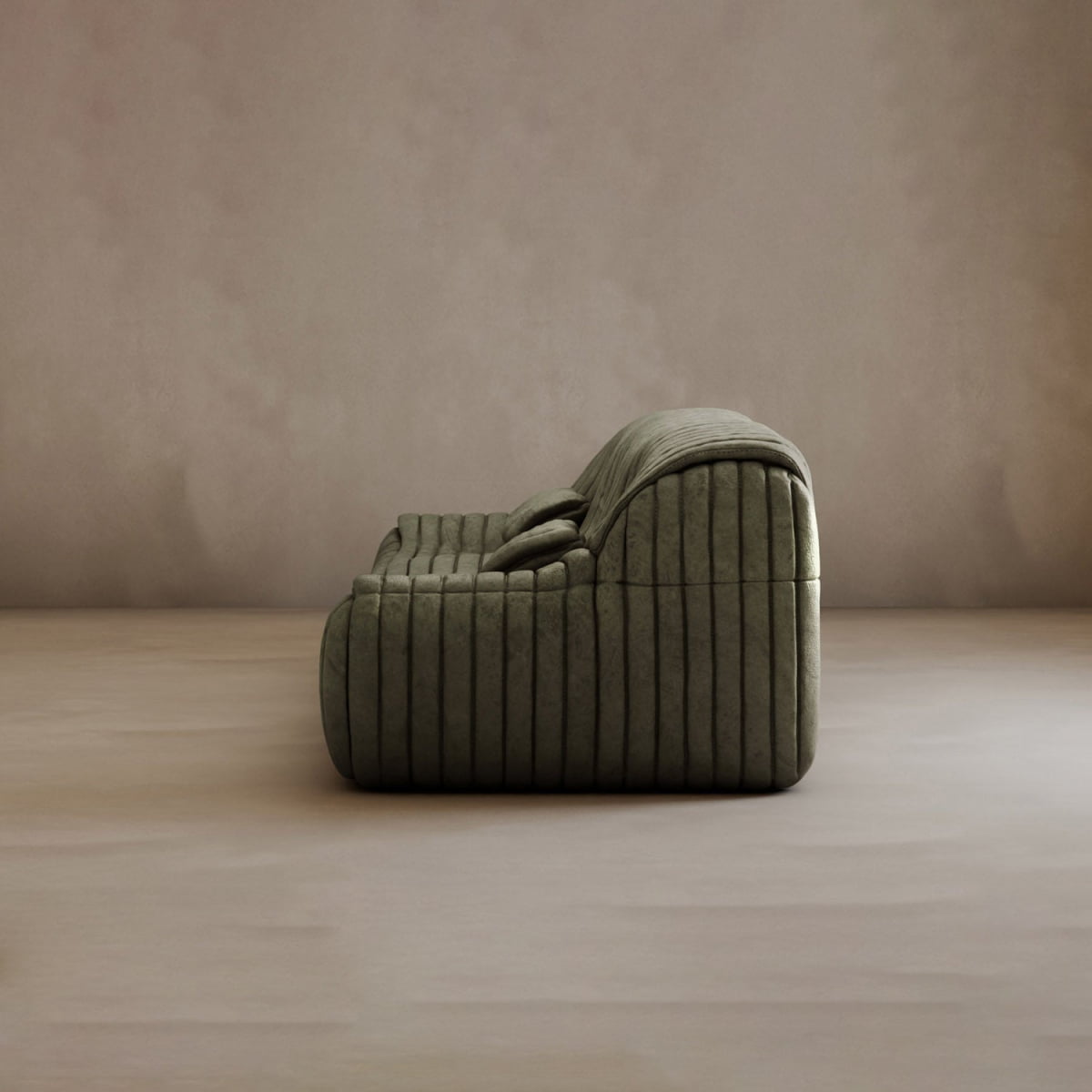 The Calypso Armchair, in modern olive green with a tufted stripe design and sleek, minimalist profile, sits on a neutral floor against a plain beige wall, exuding contemporary elegance when viewed from the side.
