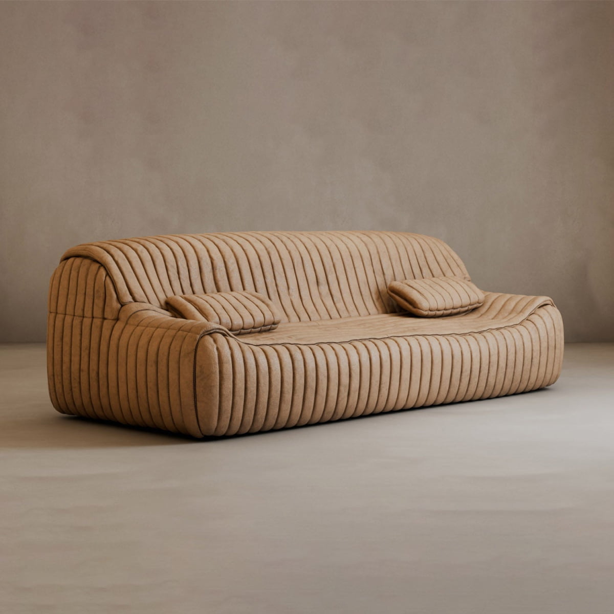 The Calypso Armchair features a modern tan silhouette with vertical tufted stripes and two matching cushions, set against a plain beige background. Its soft, rounded shape exudes modern elegance and low-profile comfort.