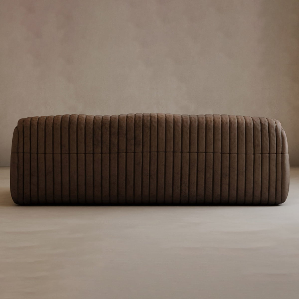The Calypso Armchair, featuring modern rectangular lines, brown upholstery with tufted stripe design and vertical stitching, sits on a light floor against a beige wall, radiating contemporary elegance.
