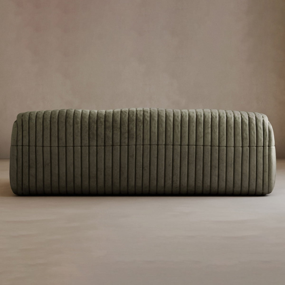 The Calypso Armchair, in a modern olive-green hue with a tufted stripe design, adds contemporary elegance to any space when placed on a light floor against a plain taupe wall.