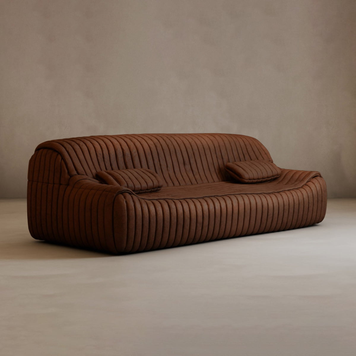 The Calypso Armchair features modern elegance with a ribbed, tufted stripe design and matching pillows, set against a plain light beige wall and floor.