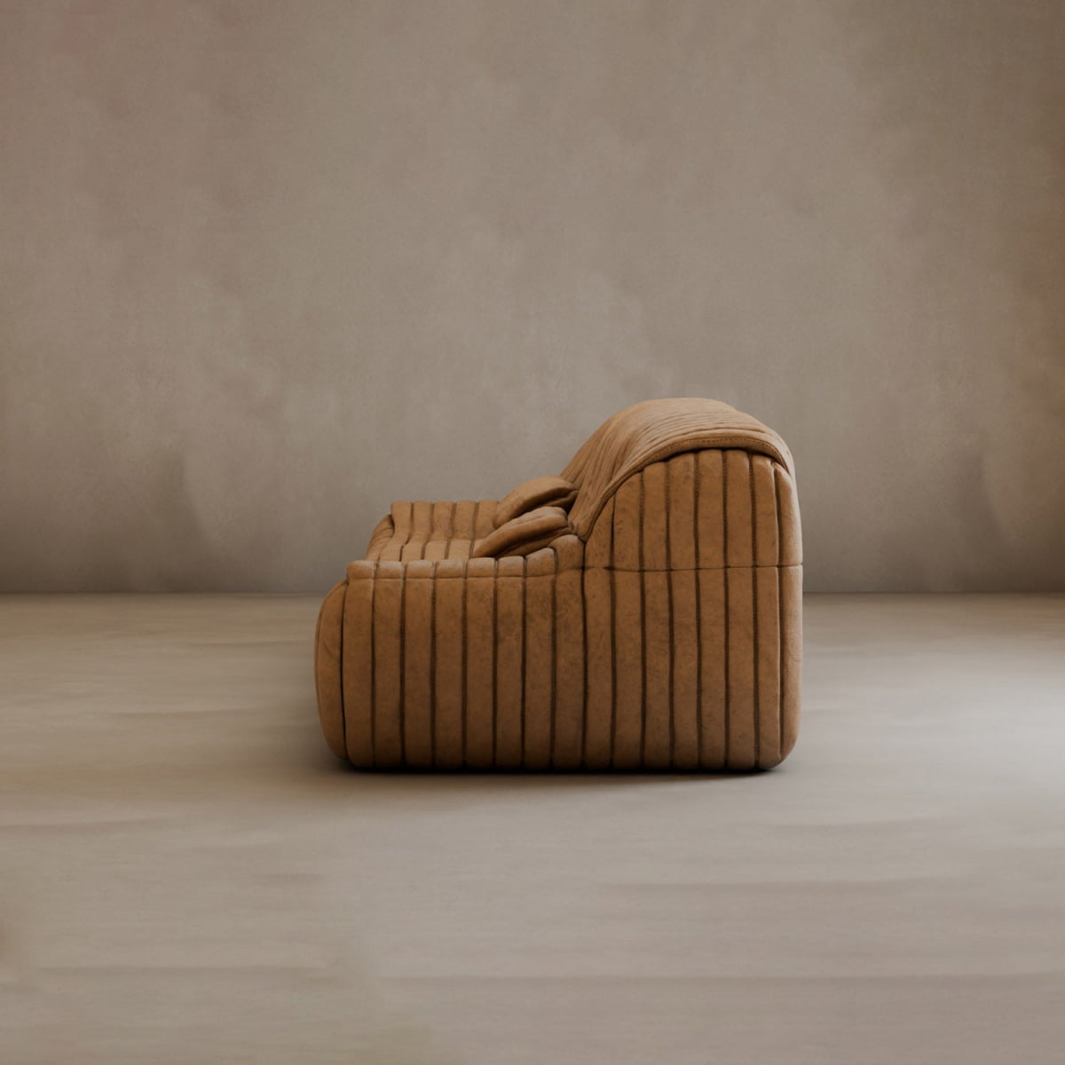 The Calypso Armchair, a modern brown lounge chair with vertical tufted stripes, is shown in profile against a plain light background, embodying contemporary elegance.