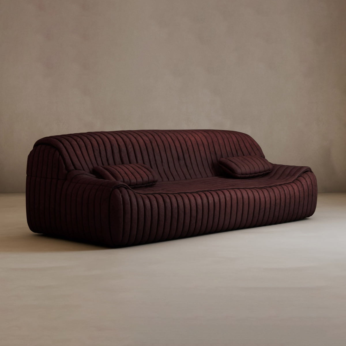 A modern elegance defines the deep brown Calypso Armchair, featuring a tufted stripe design with two matching cushions, set against a plain beige wall and floor.