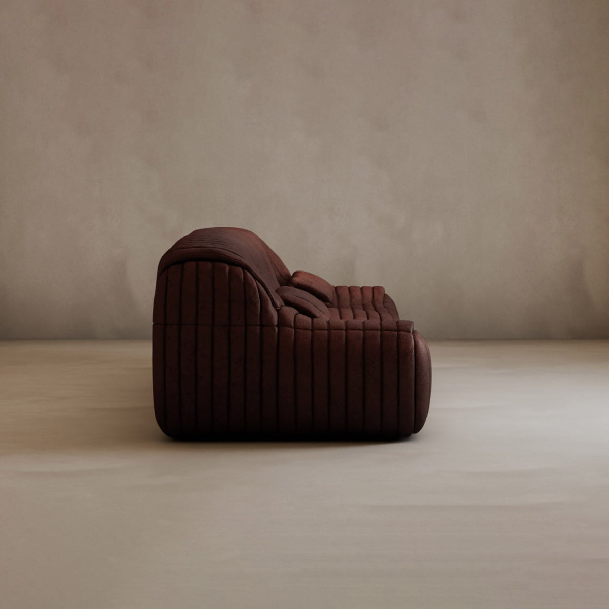 A side view of the Calypso Armchair, a modern, dark brown plush lounge chair with tufted stripe design, exuding elegance against a plain beige background and floor.