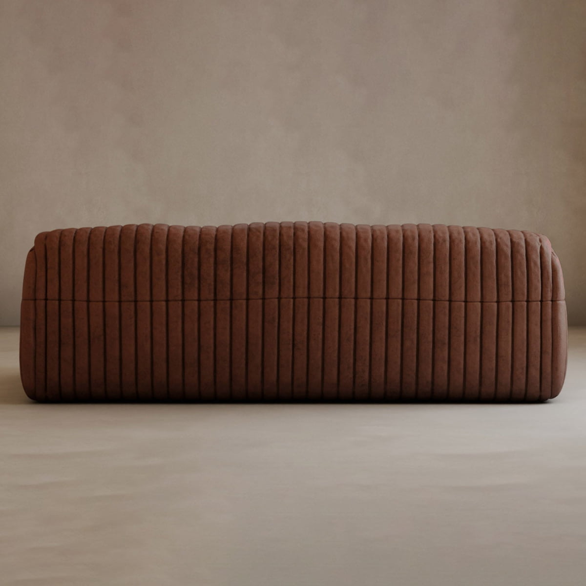 The Calypso Armchair, with its plush tufted stripe design and modern elegance, stands out on a smooth, neutral floor against a plain beige wall.