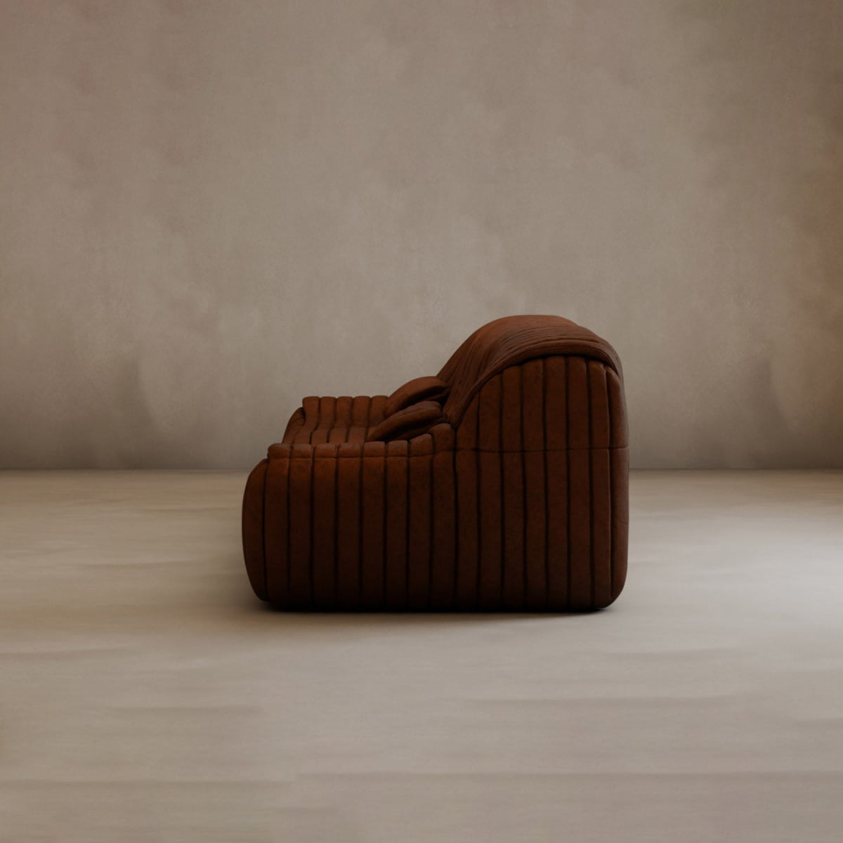 The Calypso Armchair, a modern brown corduroy lounge chair with a tufted stripe design and rounded edges, sits on a plain light floor against a neutral wall, radiating contemporary elegance.