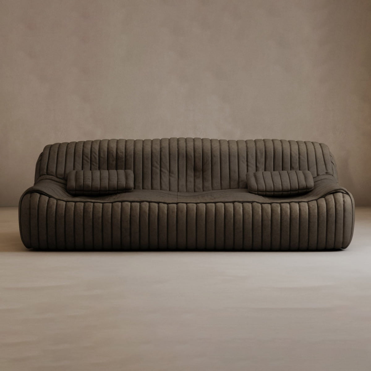 A modern, low-profile brown Calypso Armchair with a tufted stripe design and two matching rectangular cushions is placed against a plain beige wall in a minimalist setting.