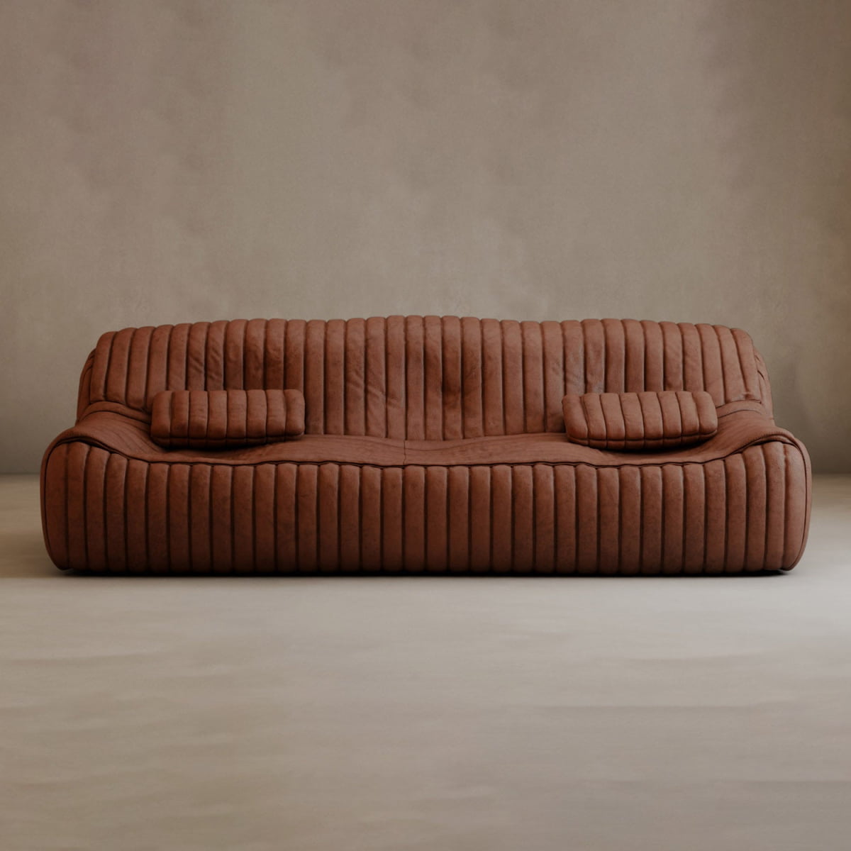 A modern, low-profile Calypso Armchair with vertical ribbed upholstery and two matching rectangular cushions, exuding modern elegance against a plain beige wall and light floor.