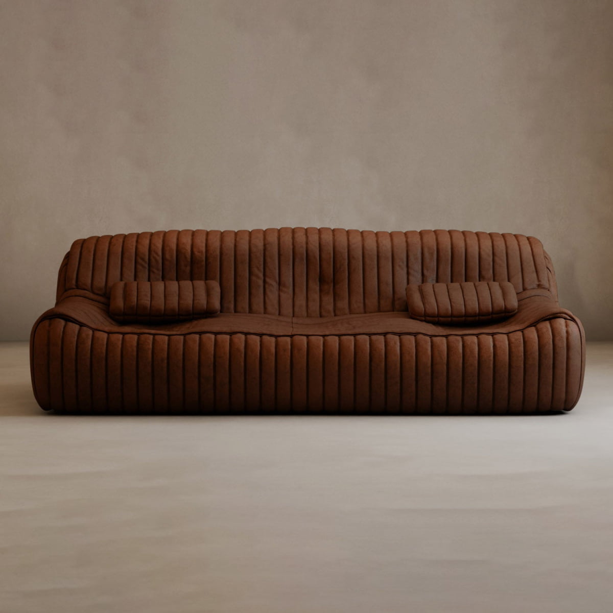 A modern, low-profile Calypso Armchair with a ribbed, corduroy-like texture and tufted stripe design, featuring two rectangular matching cushions, set against a plain, light-colored background.