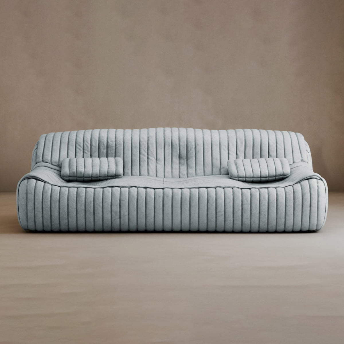 The Calypso Armchair features modern elegance with light gray corduroy-style upholstery, a tufted stripe design, and two matching rectangular cushions, set against a plain beige background.