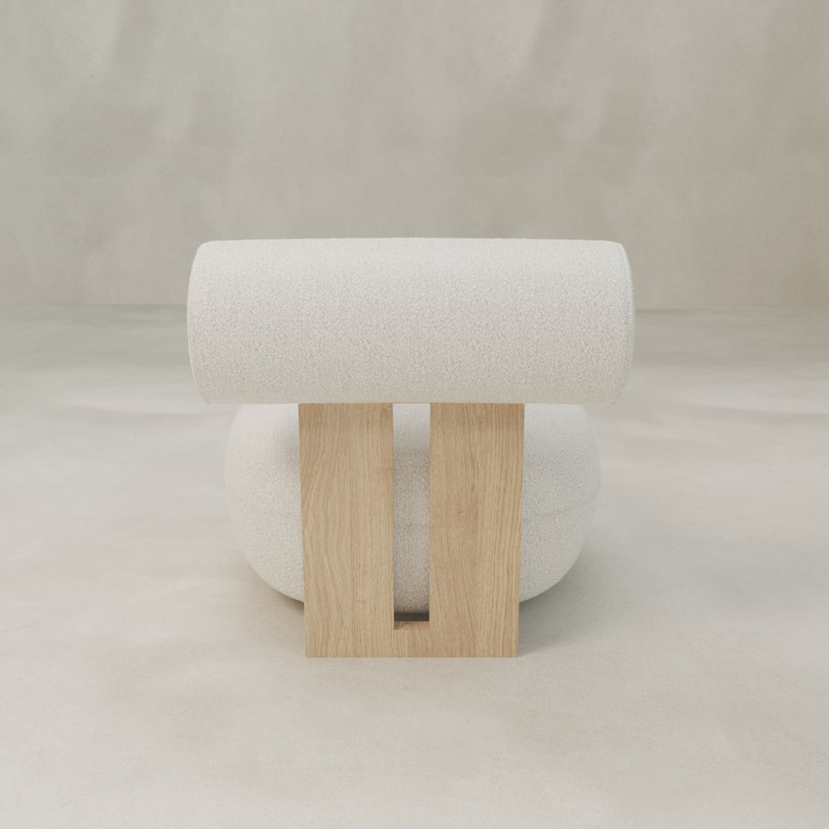 The Finchley Chair features a cylindrical white backrest, round cushioned seat, and two solid wood legs with a sleek wooden profile, all set against a neutral textured background.