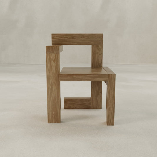 The Grafton Chair showcases a modern, geometric wooden design with straight lines and right angles, set against a neutral textured background on a light floor—ideal for Brutalist furniture enthusiasts.