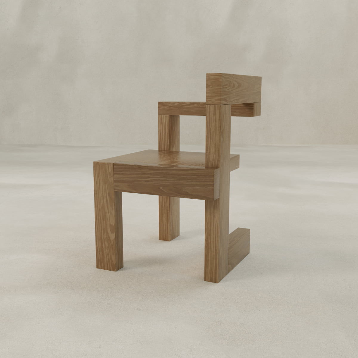 The Grafton Chair is a minimalist solid oak piece with geometric, angular design, straight edges, and block-like legs and armrests, inspired by Brutalist furniture. Shown against a light neutral background.