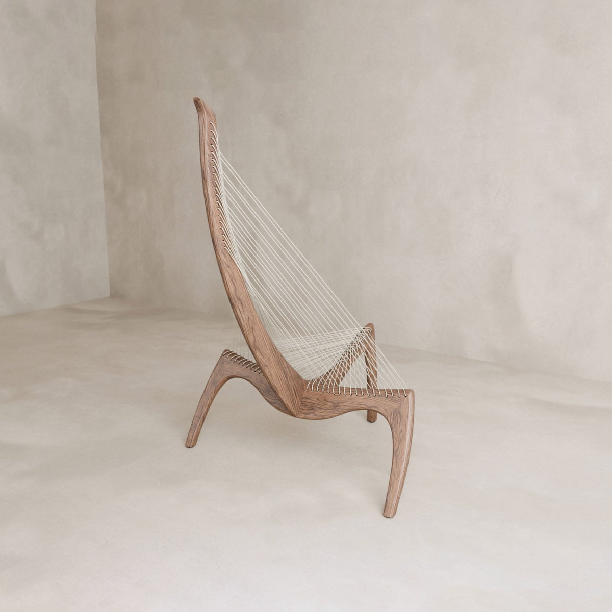 The Harp Chair features an ash wood frame with a white cord seat and backrest, showcasing Danish-inspired curved lines and an airy, sculptural look, set against a minimalist light beige background.