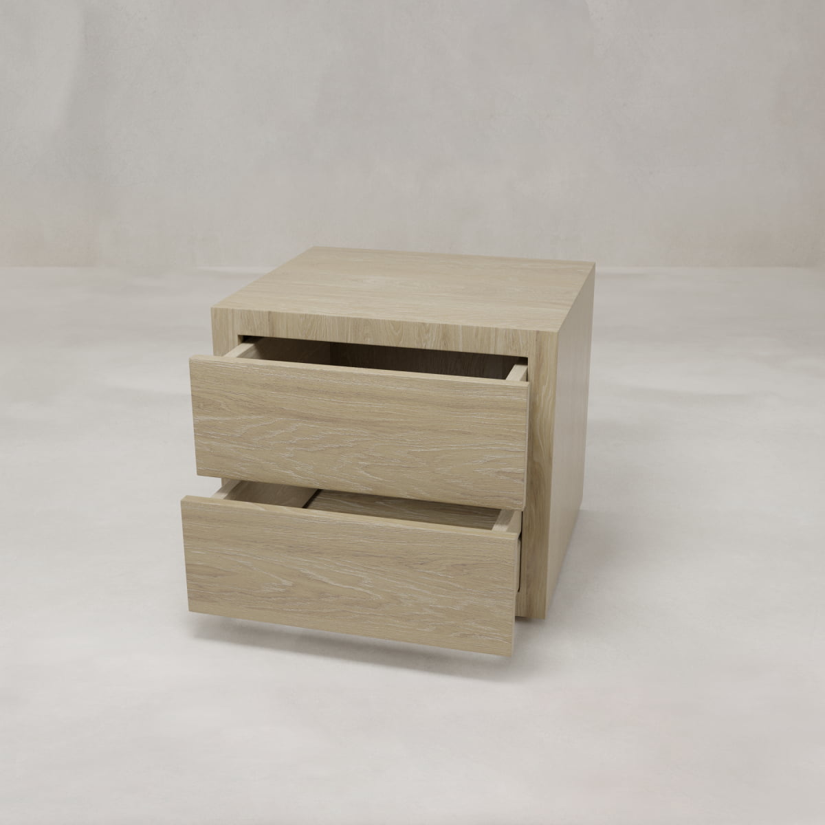 The Henley Nightstand, shown in light oak with two partially open drawers, sits against a plain, light background.