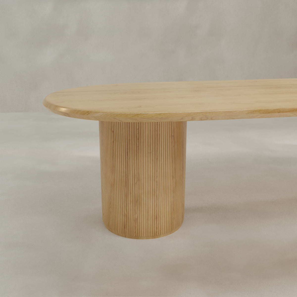 The Lancaster Oval Dining Table features modern design with an oval top and a grooved cylindrical base, crafted from high-quality wood.