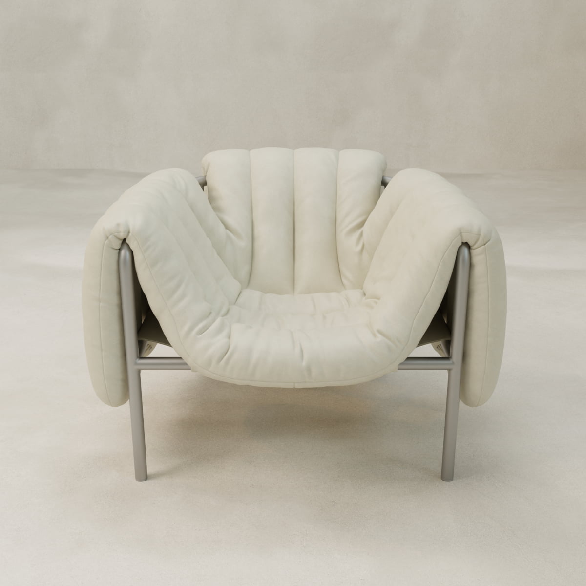 The Mallow Chair features soft cream upholstery, deep channeled tufting, and a unique rounded design. Shown on a smooth light beige floor with a matching neutral background for a modern look.
