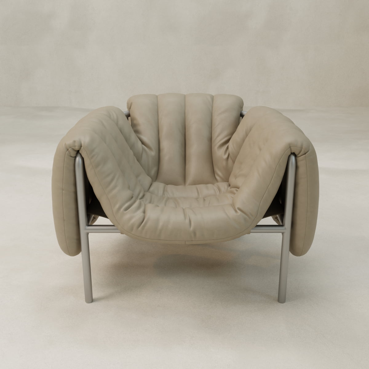 The Mallow Chair features deep channeled tufting, a deeply cushioned seat, and a sculptural tubular frame in modern taupe, bringing minimalist elegance to any space.