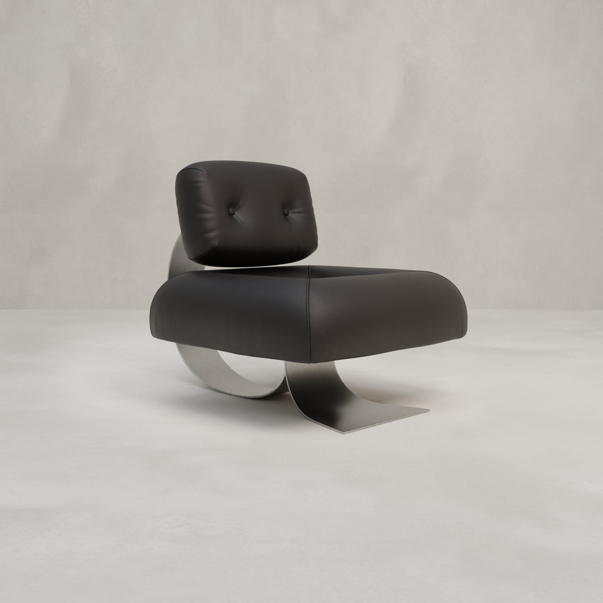 The Paolo Chair With Ottoman features a modern black leather design with a wide seat, button-tufted backrest, and curved metal base, bringing chic style to any space against a plain light gray background.