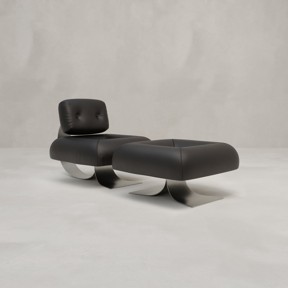 The Paolo Chair With Ottoman features contemporary design with dark leather upholstery and curved, brushed metal bases, displayed against a light gray background.