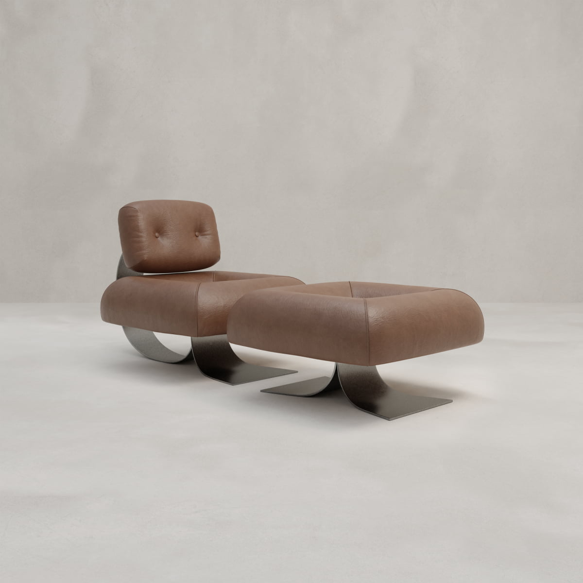 The Paolo Chair With Ottoman, featuring brown leather upholstery and metal legs, adds an industrial touch and is showcased against a plain light gray background.