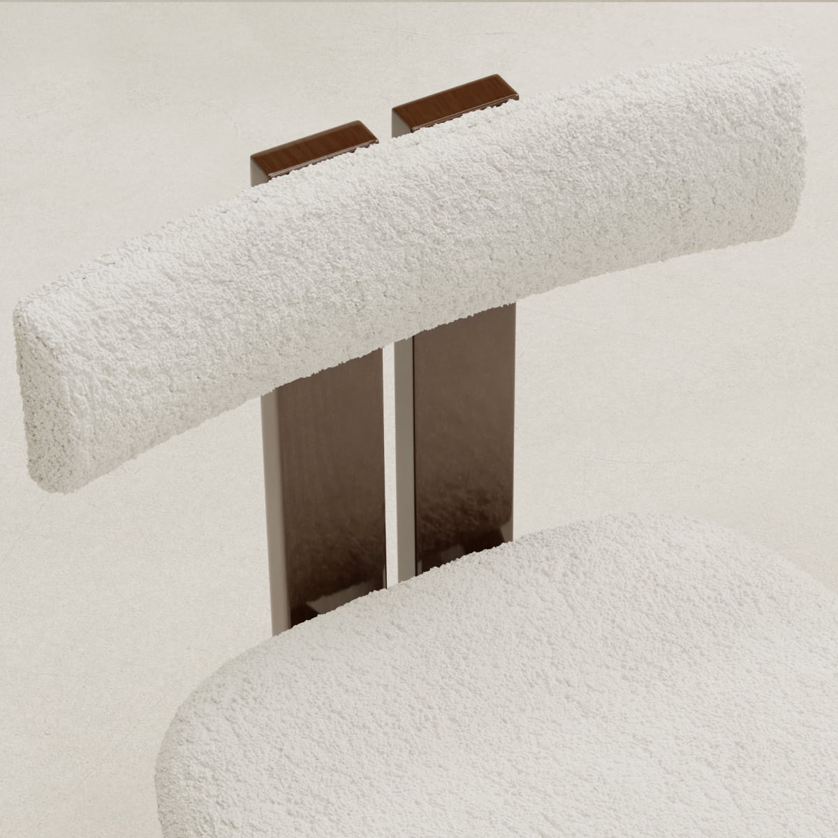 The Radley Dining Chair features a cushioned seat in off-white bouclé and a curved backrest, supported by two vertical dark wood slats, making it a modern addition to any light-toned dining space.