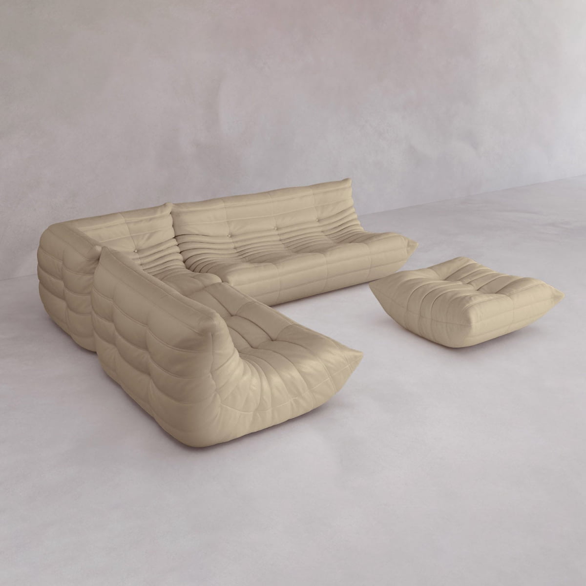The Rolo Lounge Four Piece Sofa, with tufted cushions and a mid-century look in beige, includes three seats and a matching ottoman. Its shown on a light floor against a neutral textured wall.