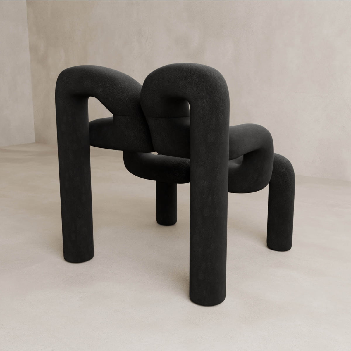 The Spider Chair Rental features bold, tubular black legs and backrest for a neotenic look, bringing modern sculptural design to any minimal, light-toned space. Its abstract form creates a unique sitting experience against plain walls and floors.