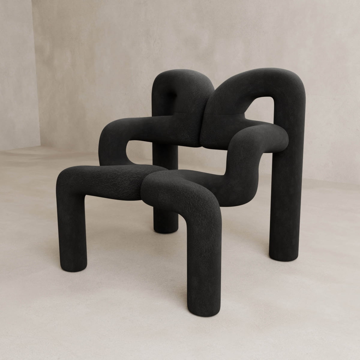The Spider Chair Rental features a modern black design with thick, curved tubular legs and armrests, highlighting neotenic geometry against a minimal setting with pale beige walls and floor.