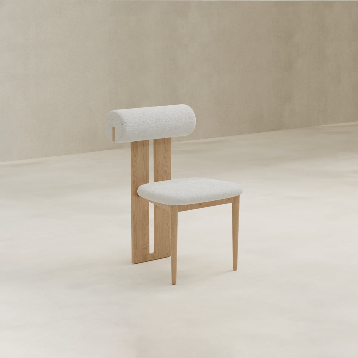 The Renè + Templeton Dining Set features a modern minimalist chair with a cylindrical backrest, two wooden legs, and white upholstery, styled with bouclé dining chairs in a neutral room with light beige walls and floors.