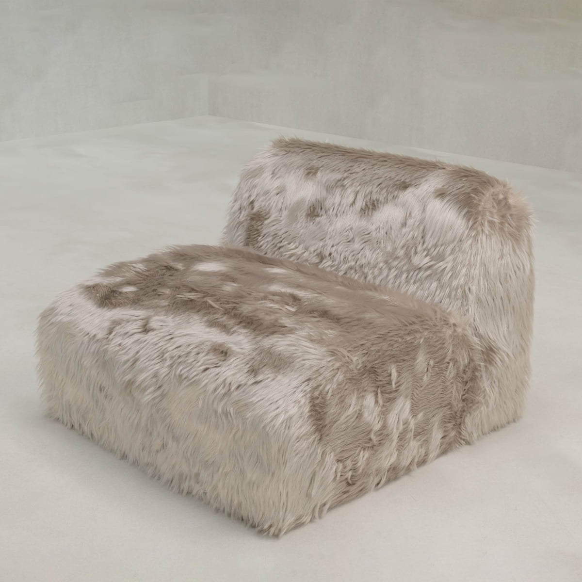The Yeti One Seater Modular, a modern armless lounge chair with long, shaggy light brown faux fur, sits elegantly on a minimalist floor—ideal for any contemporary living space.
