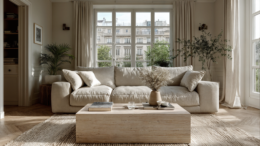 Neutral living room with a travertine luxury coffee table styled with books, ceramics, and dried flowers in front of a cream upholstered sofa and large window.