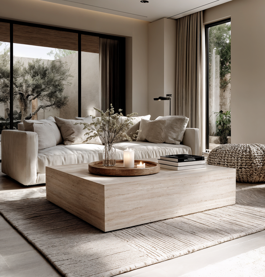 Modern coffee table in travertine stone styled with a round tray, candles, and books, placed in a neutral living room with a linen sofa and woven pouf.