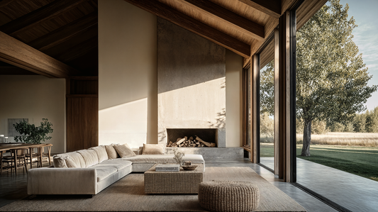 Modern luxury coffee table in natural stone finish, styled with decor accents, set in a bright living room with neutral sofa and floor-to-ceiling curtains.