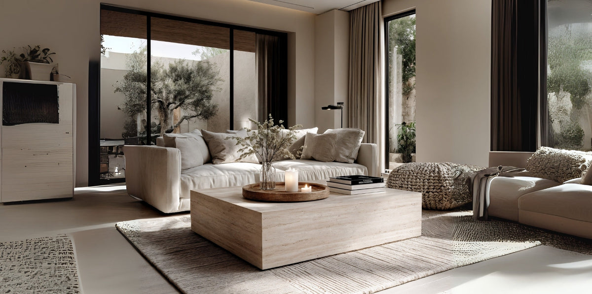 Rectangle travertine coffee table styled with candles and books in a modern living room with neutral sofa, woven poufs, and large windows opening to greenery.