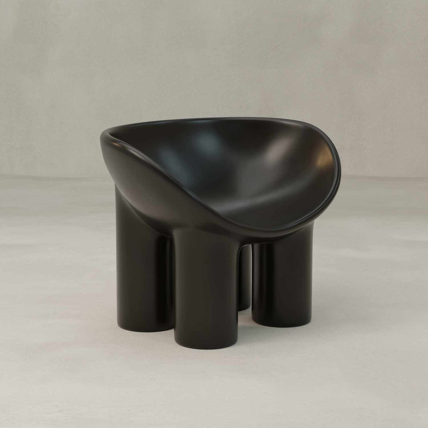 The Arrio Chair boasts a smooth, rounded black seat and four sturdy cylindrical legs, set against a light floor and plain beige background for a modern look.