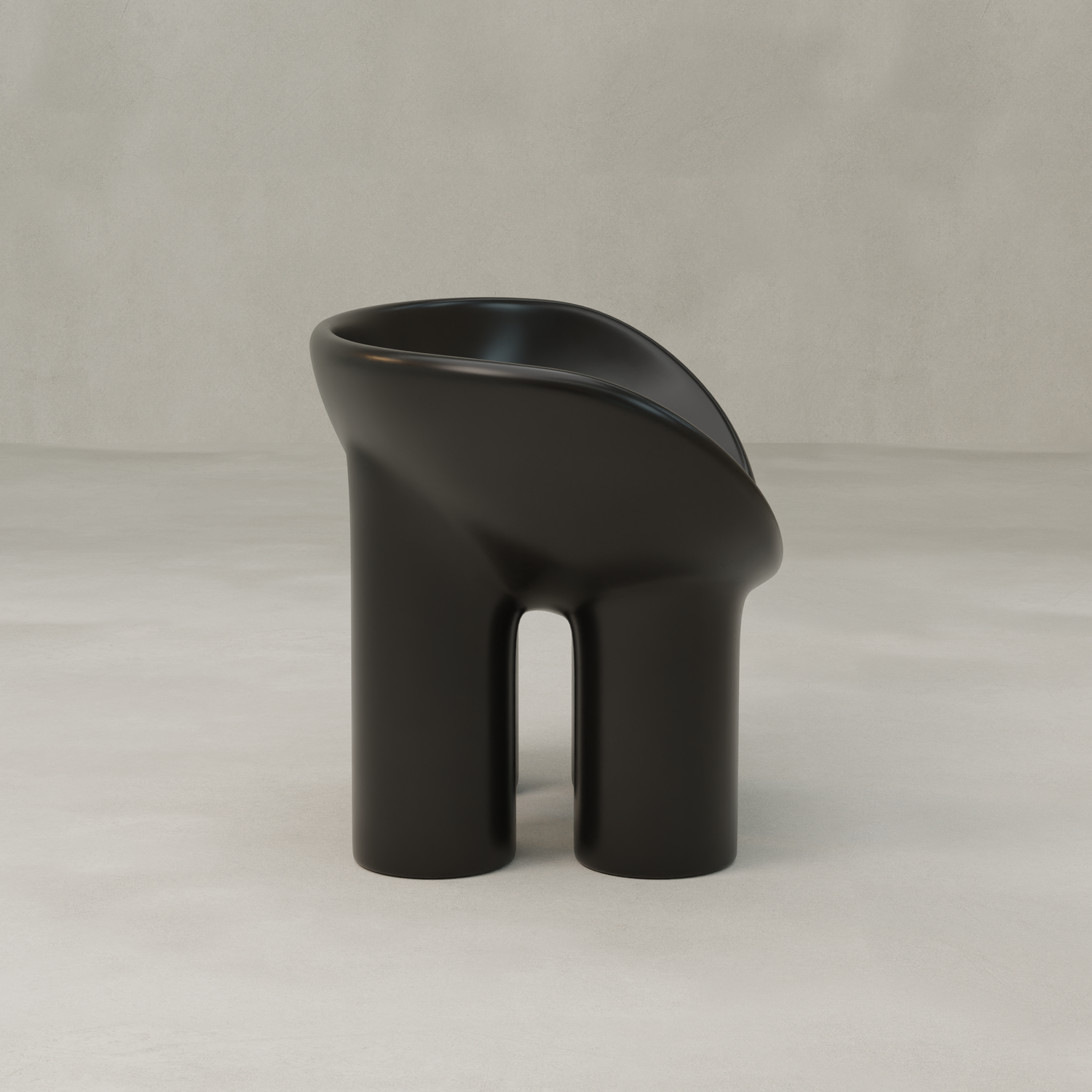 The Arrio Chair is a sleek modern piece with a sculptural curved seat and two thick, rounded legs, crafted from fiberglass and shown against a plain light grey background.