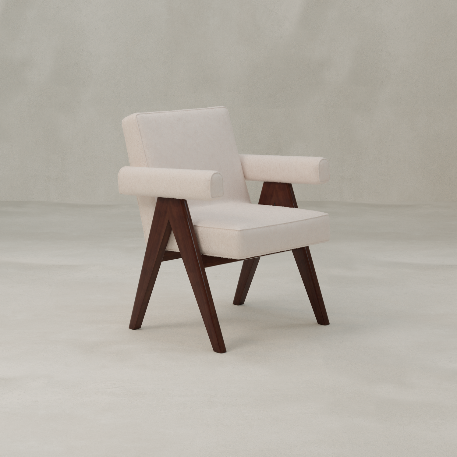 Chair with white cushioned seat and backrest on a light gray background