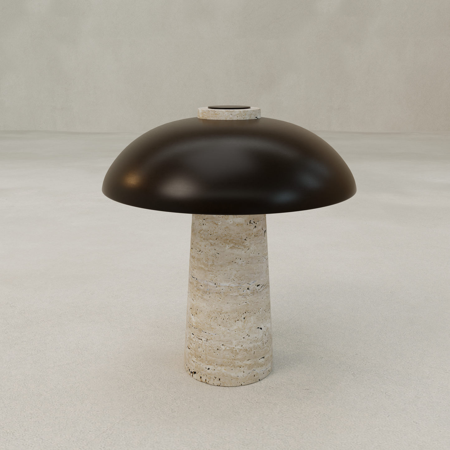 The Chiara Lamp features a modern cylindrical travertine base and a large, dark brown dome-shaped shade, displayed against a plain, light-colored background.