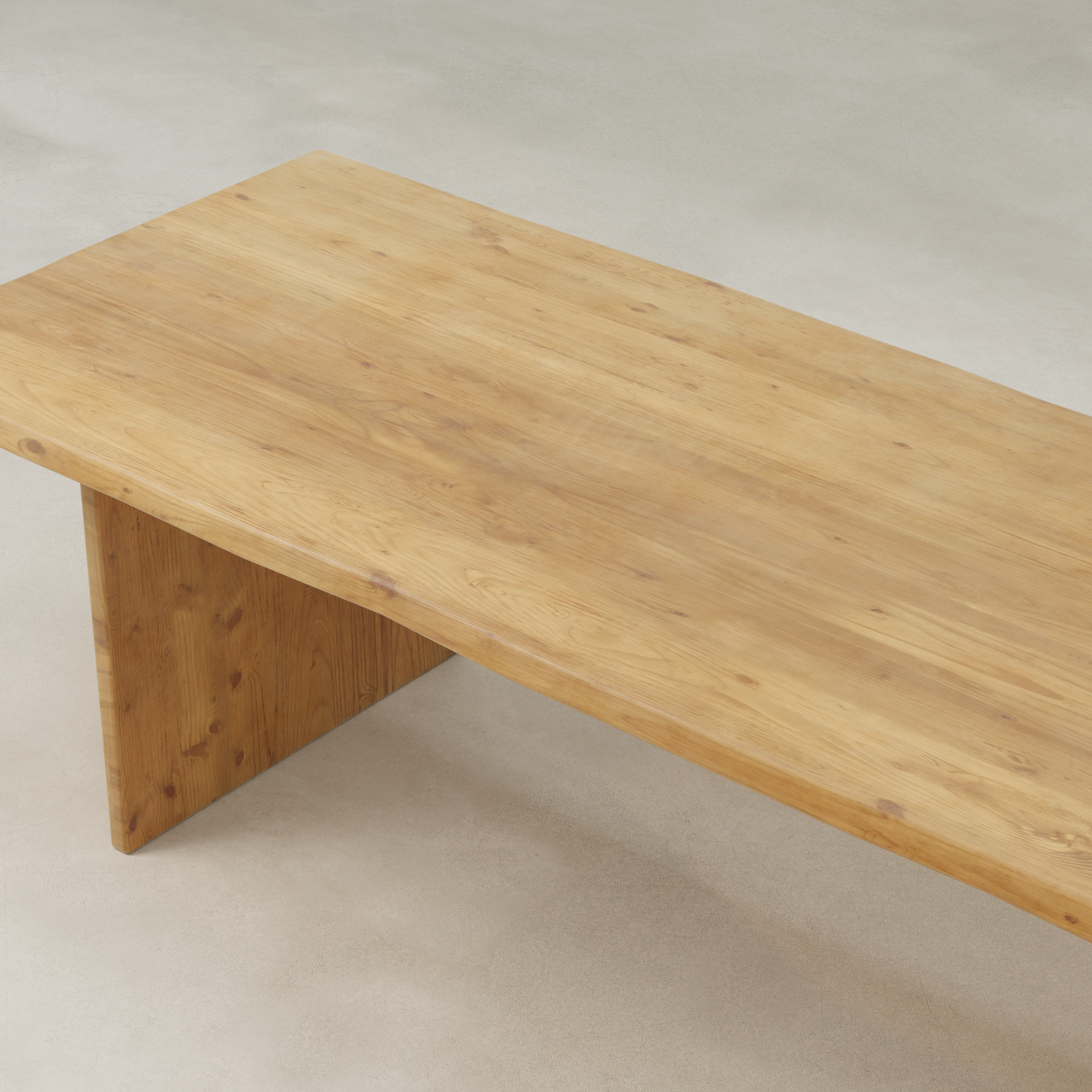 The Elm Farmhouse Table is a minimalist wooden table crafted from aged Elm, featuring a rectangular top, thick flat legs, and a natural finish with visible grain patterns for modern farmhouse charm.