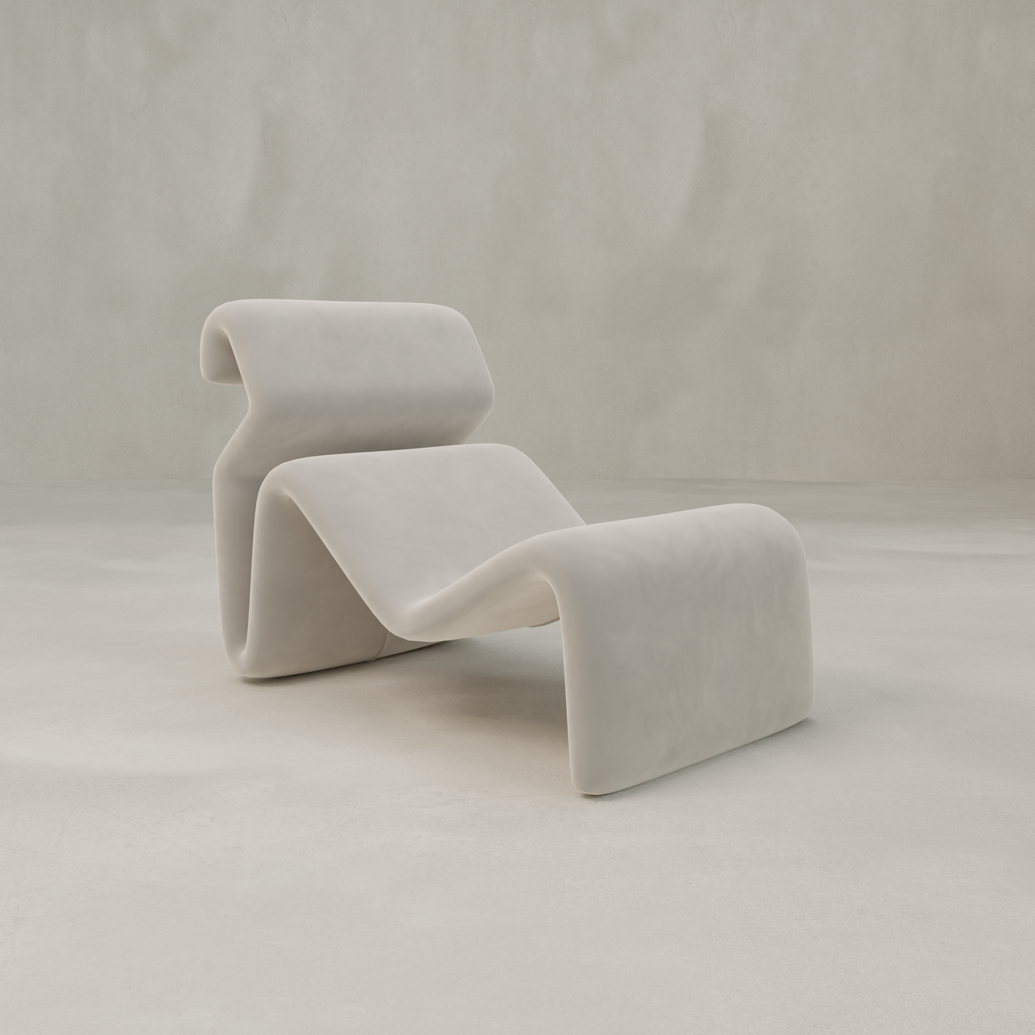 The Infinity Chaise Lounge features smooth, curved lines and light matte velvet upholstery, set against a neutral minimalist background—a modern, sculptural statement piece.