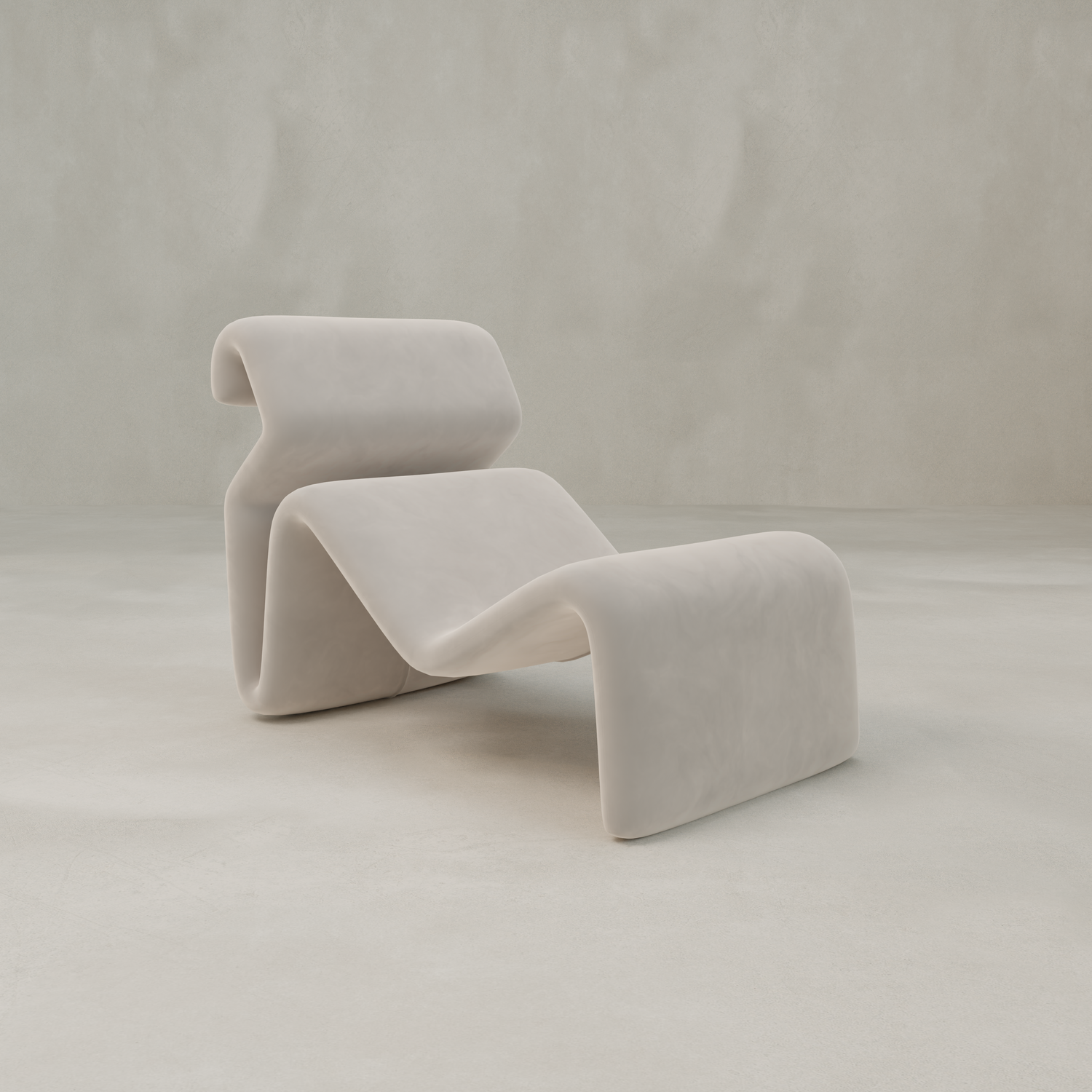 The Infinity Chaise Lounge features a smooth, flowing S-shaped design and matte light beige finish, channeling 70s style for a striking statement on any pale, minimalist floor or background.